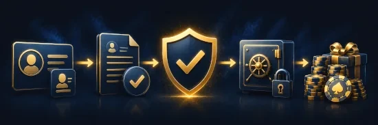 ID card, document, shield, and approval arrows showing casino verification