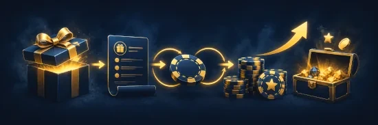 Gift box, casino chips, and arrows showing how casino bonuses work