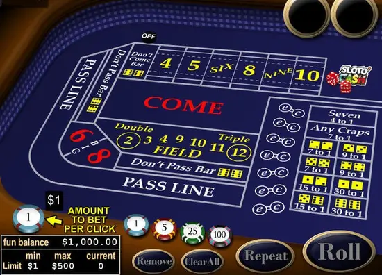 Online craps table with betting layout