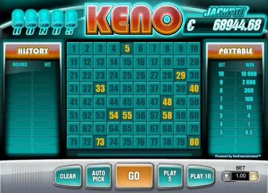 Online keno game interface