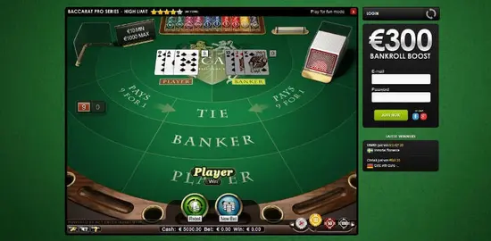 Online baccarat table with cards and chips