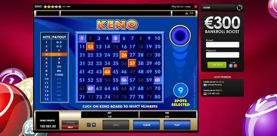 Online keno game with numbered balls