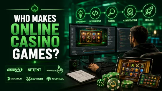 Online casino game development concept with slot game designer and software production tools
